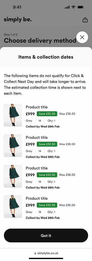 SimplyBe Click and Collect Collection Dates screen