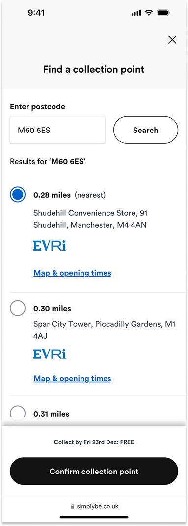 SimplyBe Click and Collect Collection Point screen