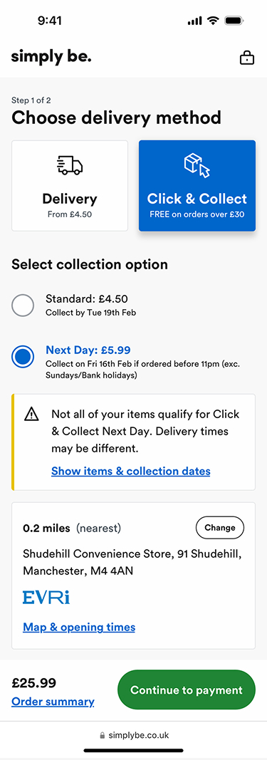 SimplyBe Click and Collect Delivery Method screen