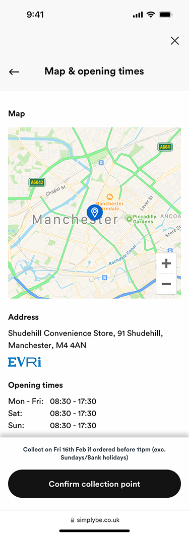SimplyBe Click and Collect Map Opening Times screen